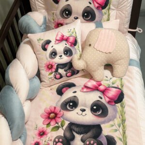 Menaje de cuna Panda con Lazo Rosa